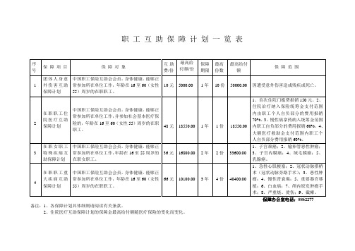 潍 坊 市 职 工 互 助 保 障 计 划 一 览 表