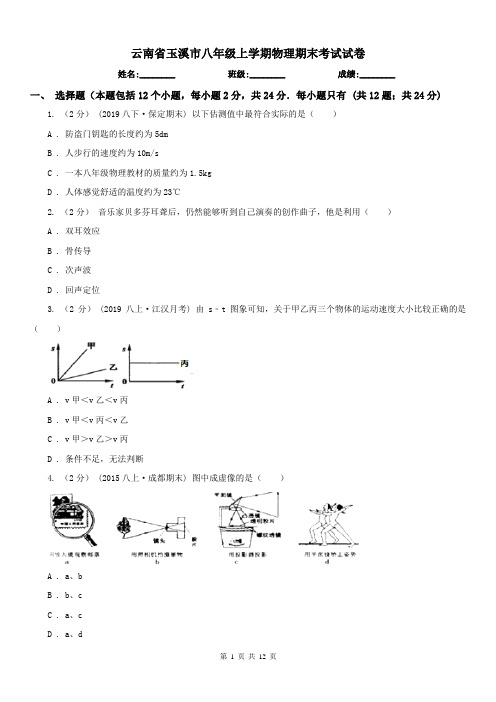 云南省玉溪市八年级上学期物理期末考试试卷