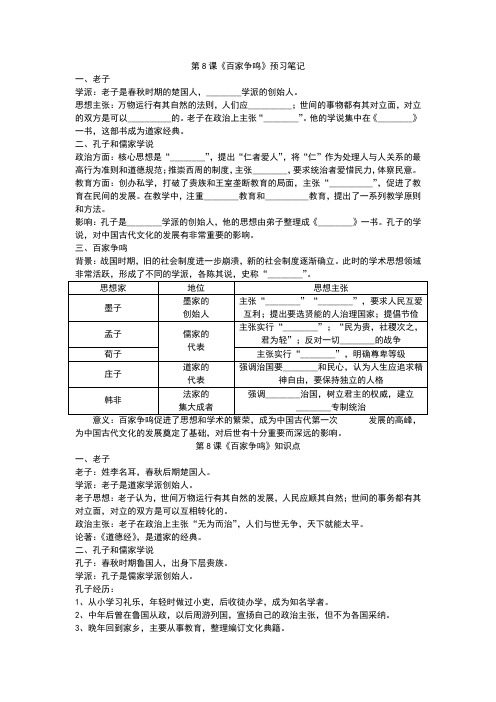 部编人教版历史七上第8课《百家争鸣》预习笔记+知识点+习题(包含答案)