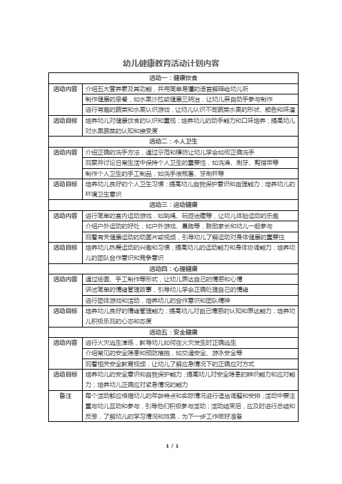 幼儿健康教育活动计划内容