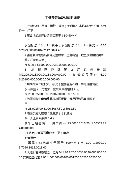 工装预算单及材料明细表