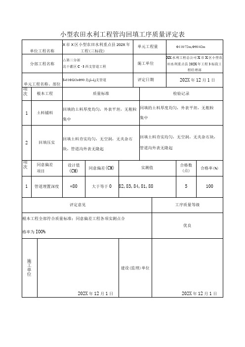 小型农田水利工程管沟回填工序质量评定表