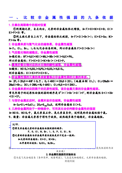 比较非金属性强弱的九条依据