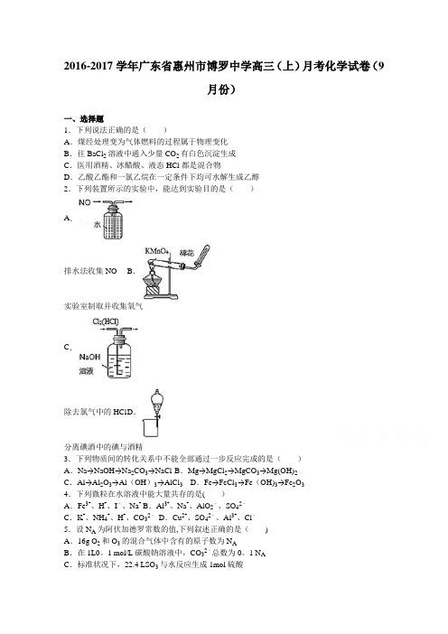 惠州市博罗中学2017届高三上学期月考化学试卷(9月份) 含解析