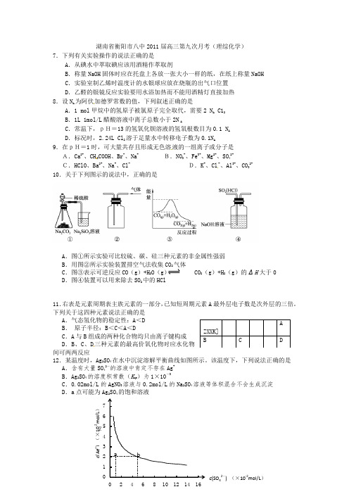 湖南省衡阳市八中2011届高三第九次月考(理综化学)