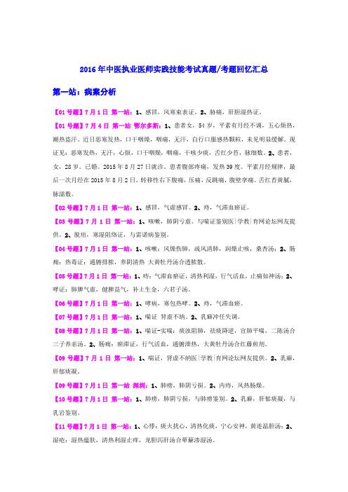 2016年中医执业医师实践技能考试真题考题回忆汇总