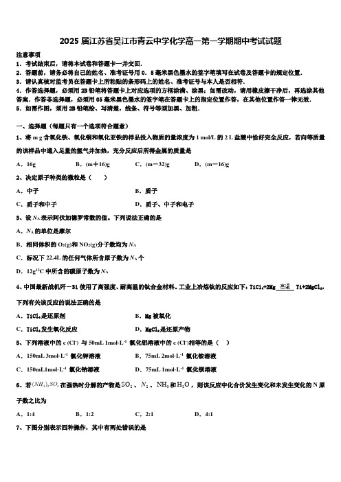 2025届江苏省吴江市青云中学化学高一第一学期期中考试试题含解析