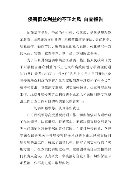 侵害群众利益的不正之风 自查报告