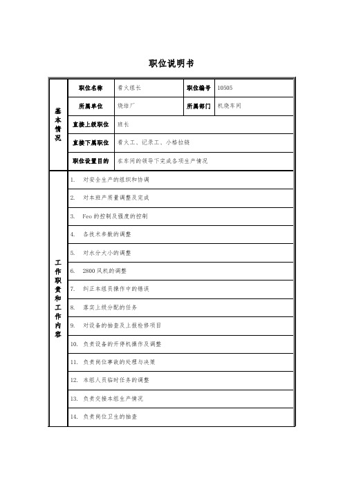 烧结厂职位说明书-看火组长