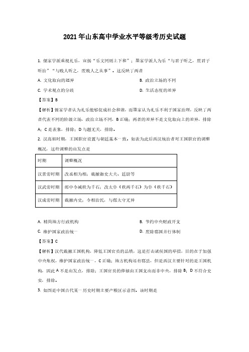 2021年山东新高考历史试题答案解析