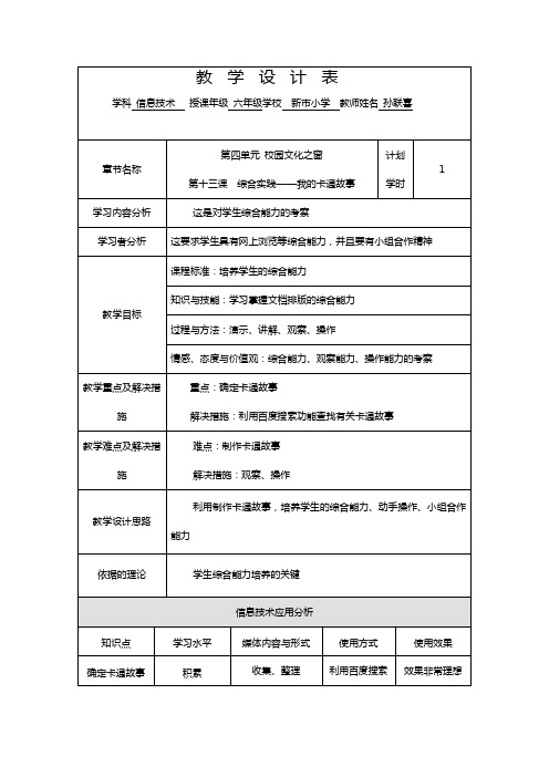 六年级信息技术第一学期第四单元第十三课我的卡通故事