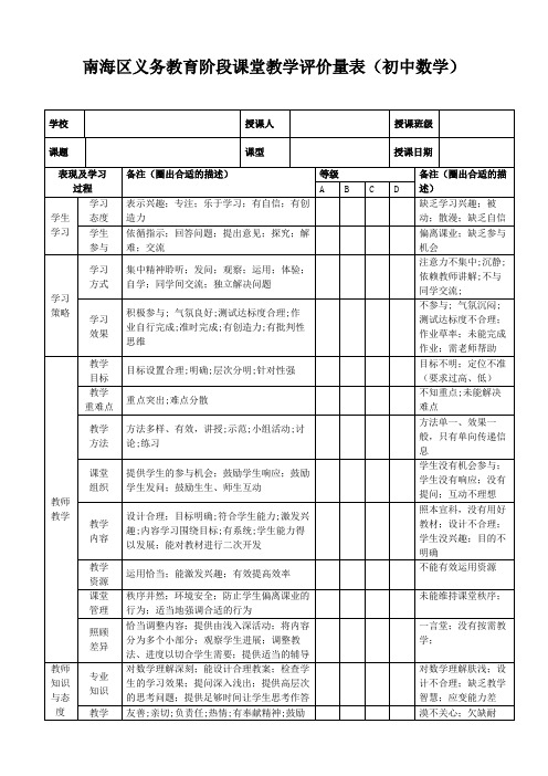 初中数学高效课堂教学评价量表(新修订)