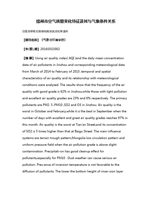 锦州市空气质量变化特征及其与气象条件关系