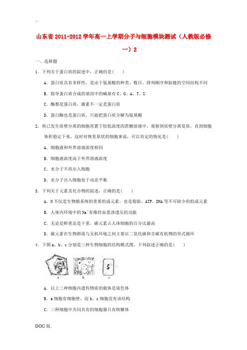 山东省2011-2012学年高中生物分子与细胞模块测试2 新人教版必修1