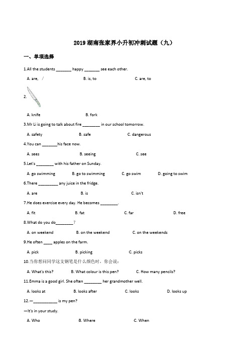 六年级下册英语试题--2019湖南张家界小升初冲刺试题(九)    湘少版( 含答案)