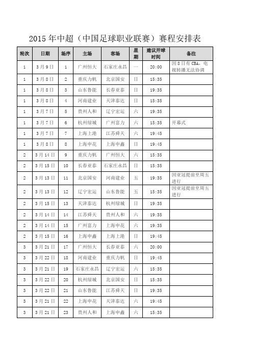 2015年中超赛程(免费)