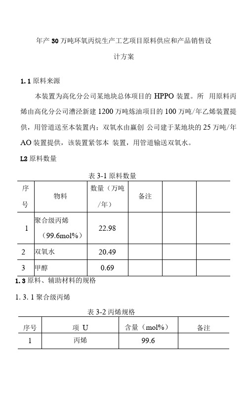 年产30万吨环氧丙烷生产工艺项目原料供应和产品销售设计方案