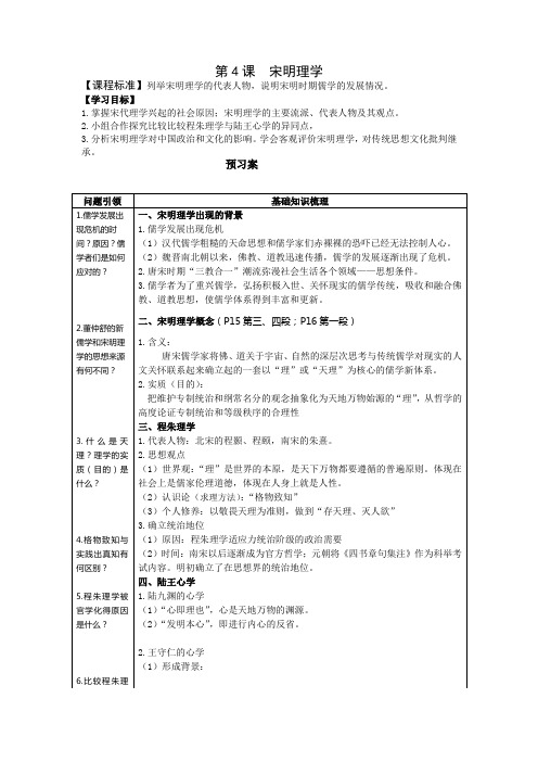 2016-2017学年岳麓版必修三 第4课 宋明理学 学案