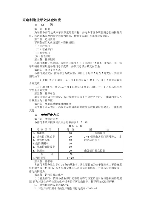 家电制造业绩效奖金制度