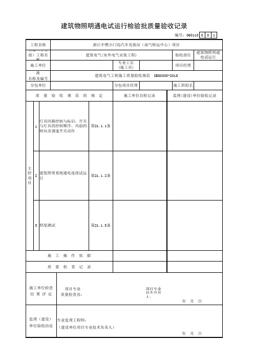 建筑物照明通电试运行检验批质量验收记录