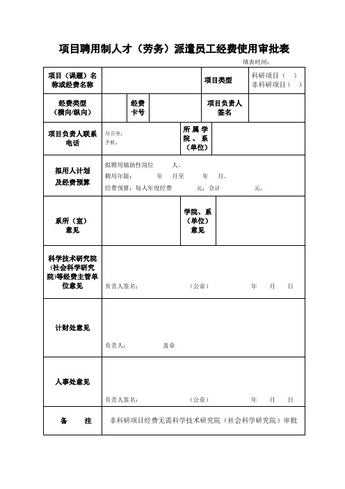 项目聘用制人才劳务派遣员工经费使用审批表