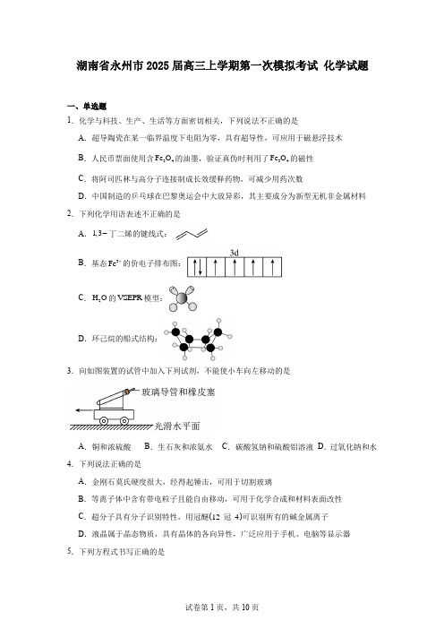 湖南省永州市2025届高三上学期第一次模拟考试化学试题