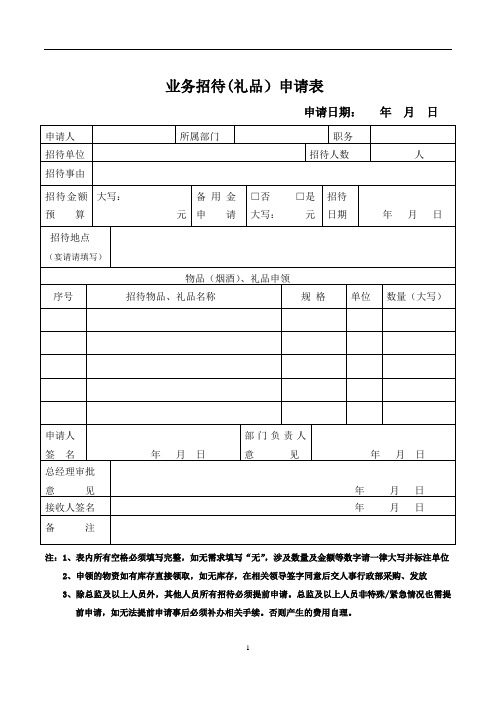 业务招待(礼品)申请单