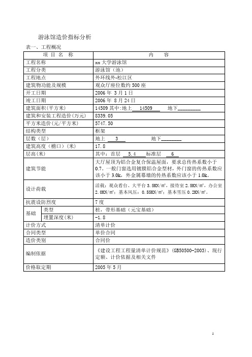 游泳馆造价指标分析