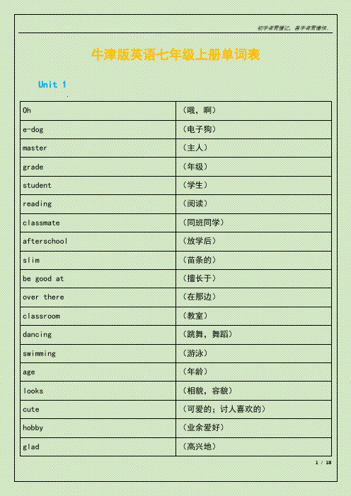 牛津版英语七年级上册单词表