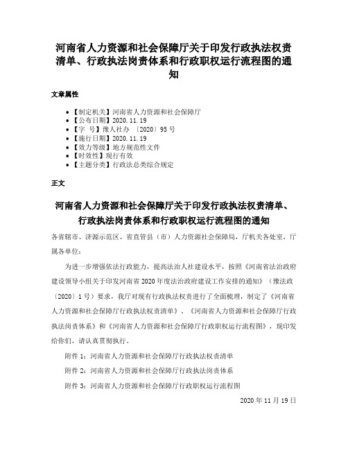 河南省人力资源和社会保障厅关于印发行政执法权责清单、行政执法岗责体系和行政职权运行流程图的通知