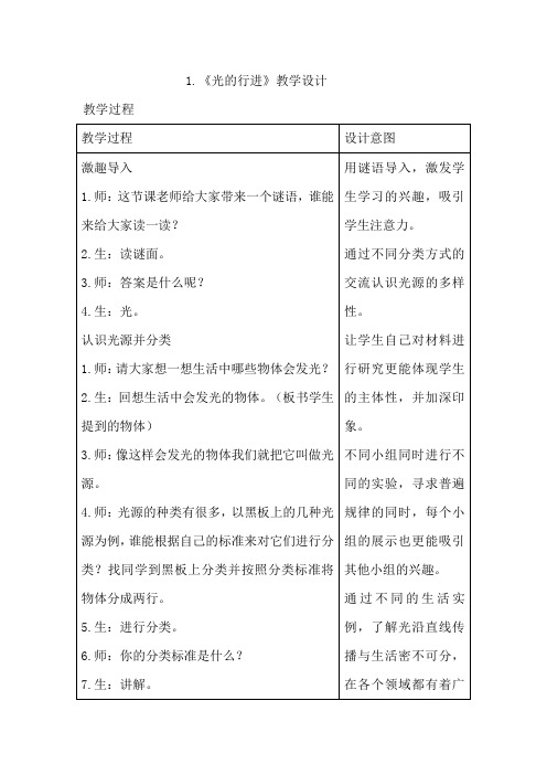 苏教版五年级上册科学优秀教案光的行进