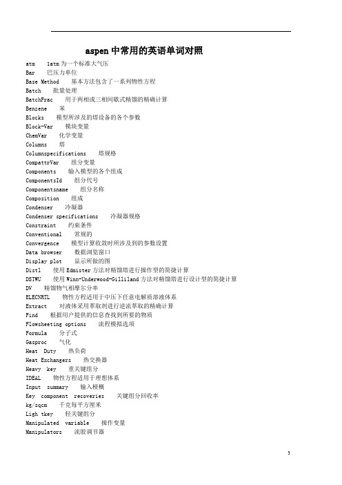 aspen中常用的英语单词对照.
