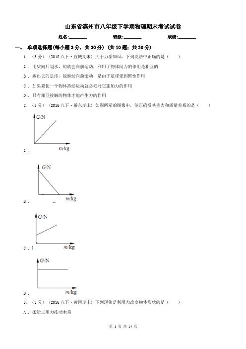 山东省滨州市八年级下学期物理期末考试试卷