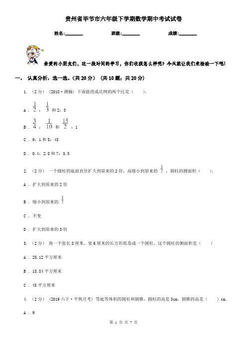 贵州省毕节市六年级下学期数学期中考试试卷