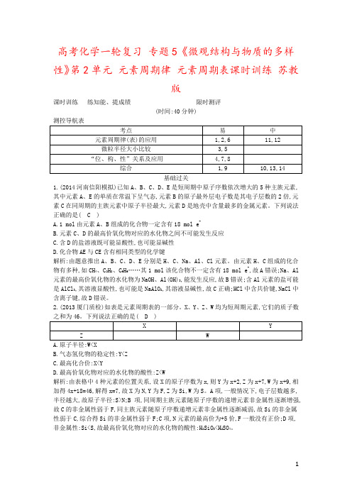 高考化学一轮复习 专题5《微观结构与物质的多样性》第2单元 元素周期律 元素周期表课时训练 苏教版