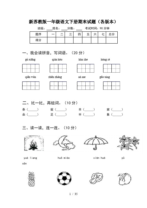 新苏教版一年级语文下册期末试题各版本(8套)