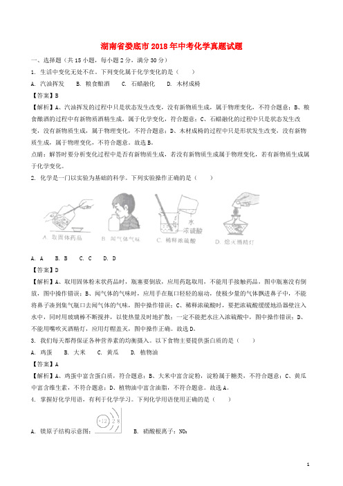 湖南省娄底市2018年中考化学真题试题(含解析)