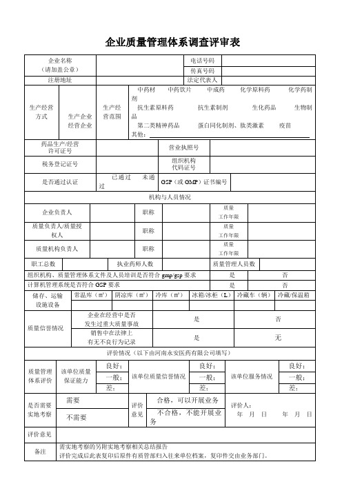 河南省药品企业质量管理体系调查评审表