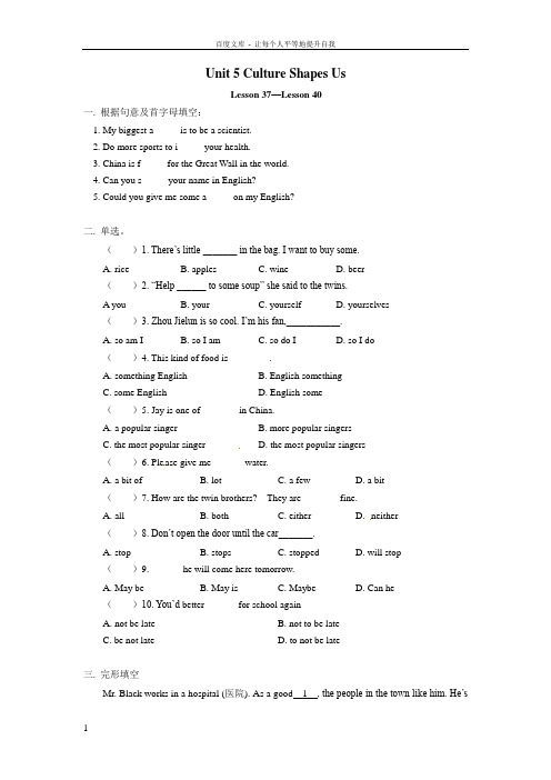 冀教版英语九下Unit5CultureShapesUs(lesson3740)word同步测试一