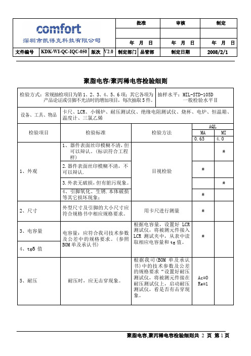 聚脂电容,聚丙稀电容检验细则