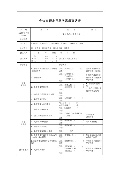 会议室预定及服务需求确认表