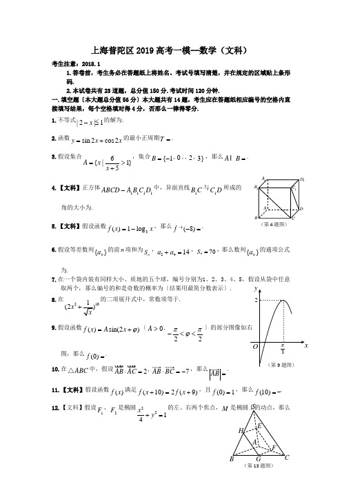 上海普陀区2019高考一模--数学(文科)