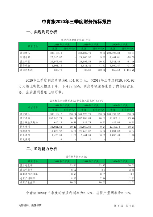 中青旅2020年三季度财务指标报告