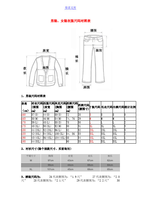 衣服尺码对照(最全的一份)