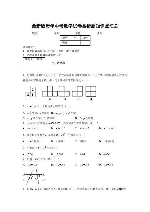 2019最新版历年中考数学试卷易错题知识点汇总620729