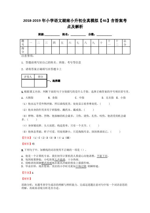 小学语文湖南小升初全真模拟含答案考点及解析