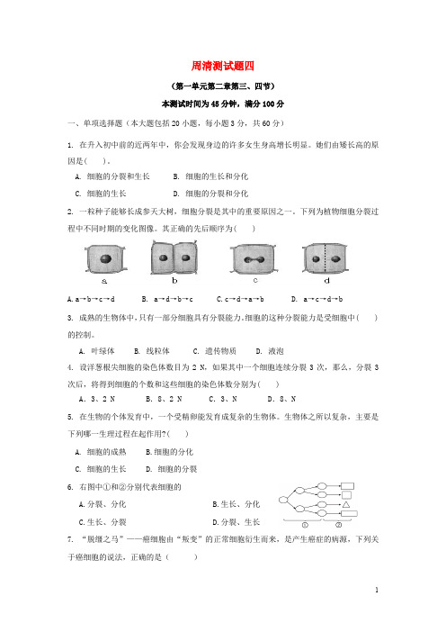 七年级生物上册 周清测试题四(考查范围：第一单元 第二章 第三、四节(新版)济南版