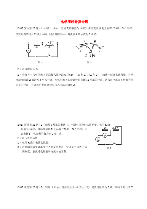 上海市2020年中考物理二模试卷考点分类汇编 电学压轴计算专题(含答案)