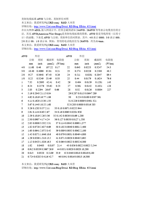 美制电线标准AWG与公制