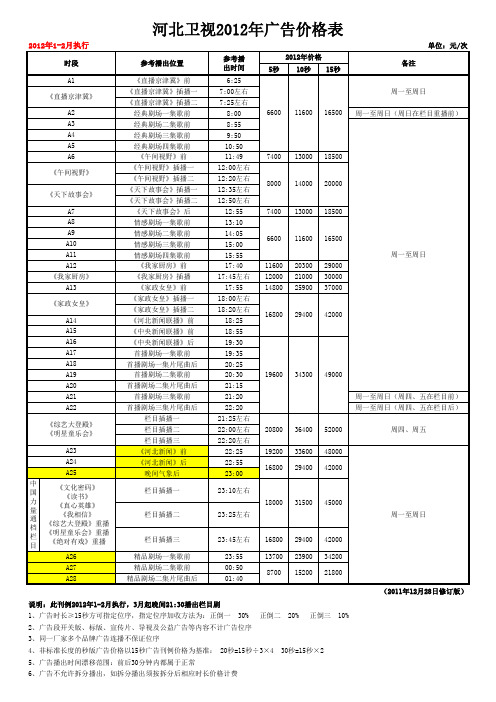 河北卫视2012年编排价格(12.28修订版)